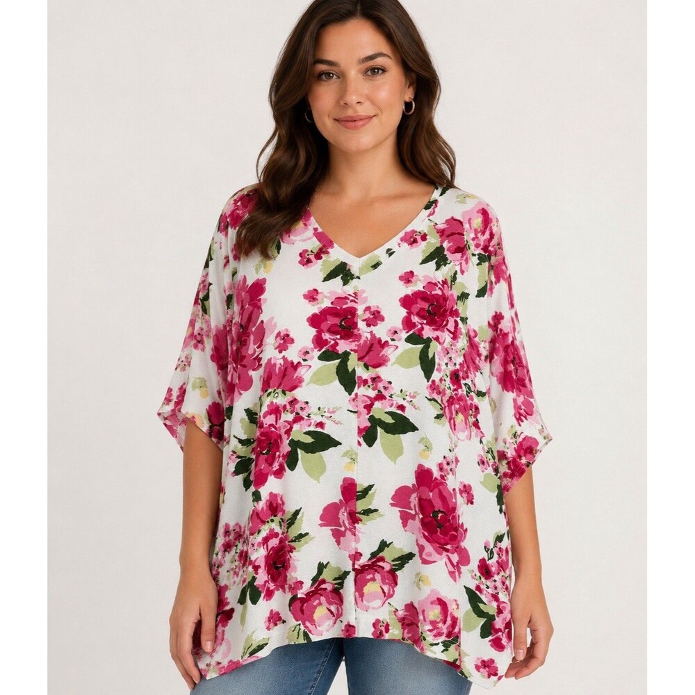 Laurie Felt Floral Tunic Top XL/1X Pink Rose V-Neck Soft Stretch Knit